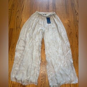LOLA Pants Womens M Tan Silk Blend Chiffon Pull On Wide Leg Luxe Made in Italy